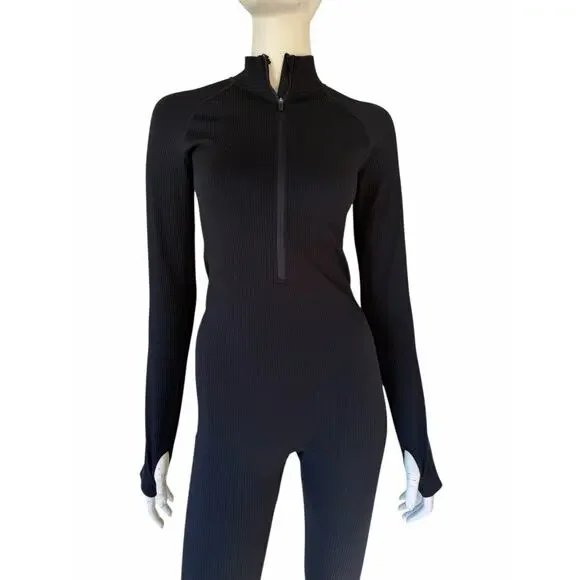 ASOS ribbed catsuit bodysuit 4505 seamless zip front all-in-one in black sz S - Picture 5 of 9